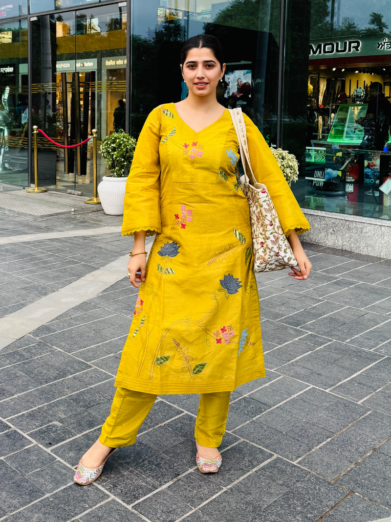 Saffron Multihead-Embroidered Silk Unstitched Suit Set