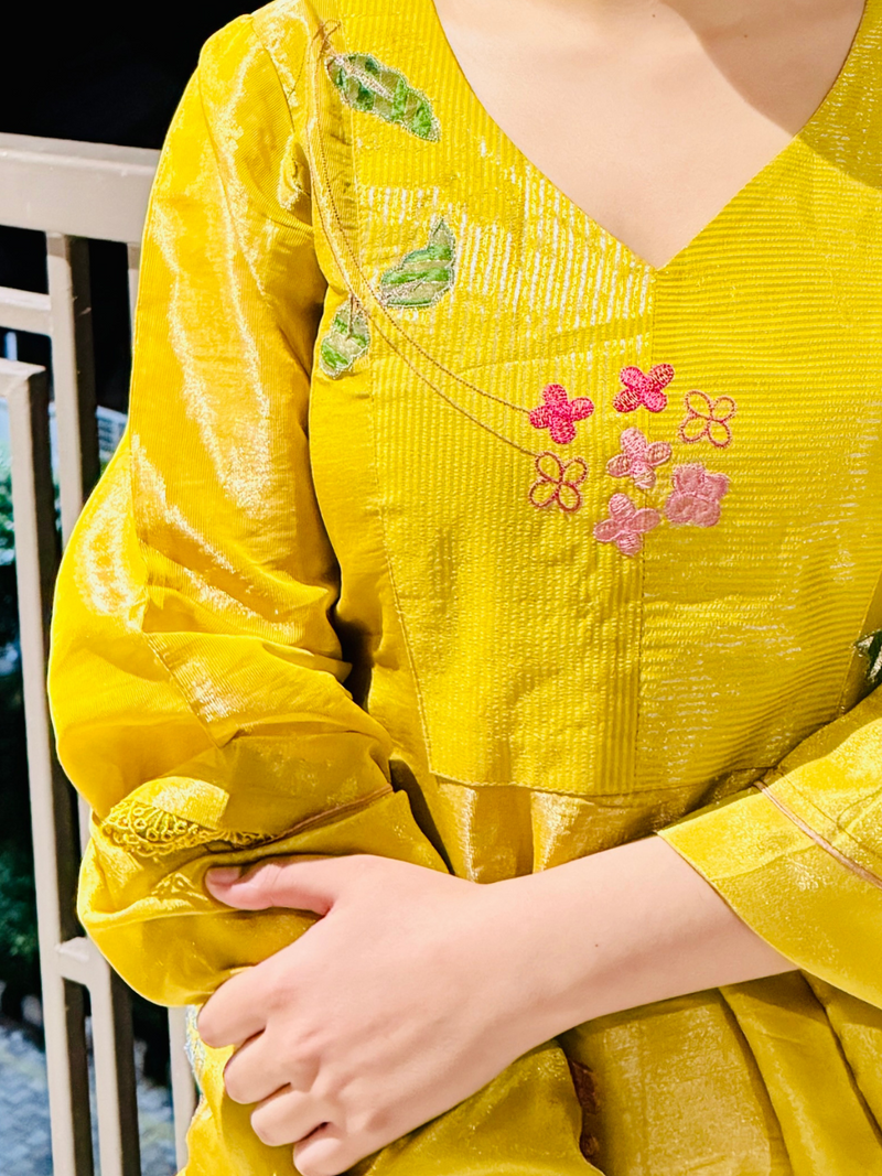 Saffron Multihead-Embroidered Silk Unstitched Suit Set