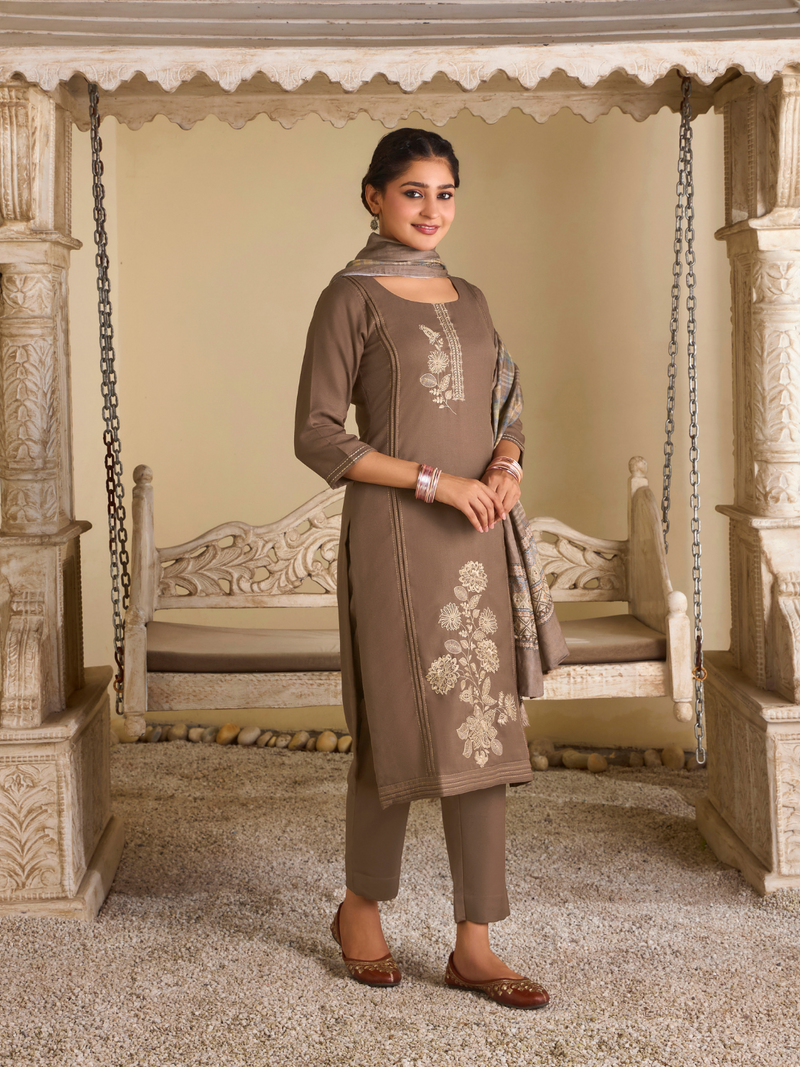Light Woody Pashmina Embroidered Unstitched Suit Set with Shawl