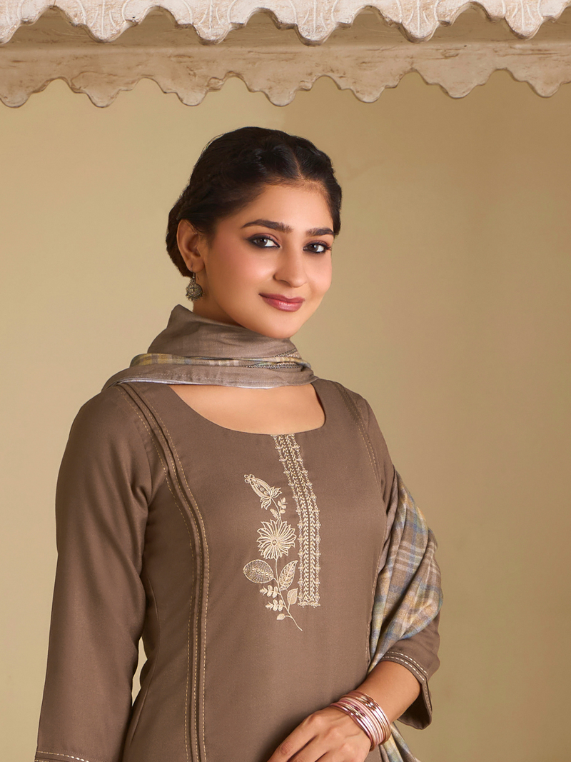 Light Woody Pashmina Embroidered Unstitched Suit Set with Shawl
