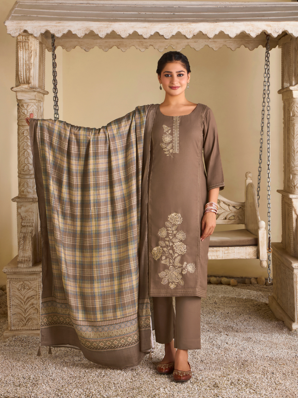 Light Woody Pashmina Embroidered Stitched Suit Set with Shawl