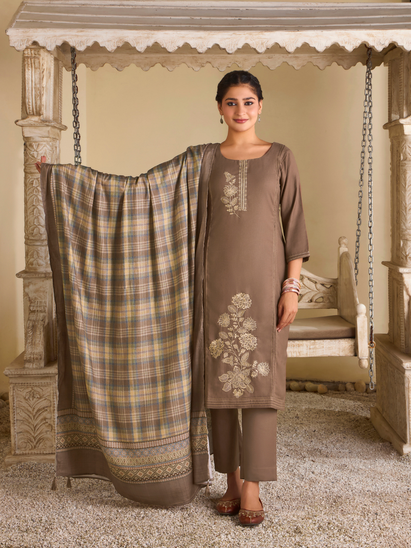 Light Woody Pashmina Embroidered Unstitched Suit Set with Shawl