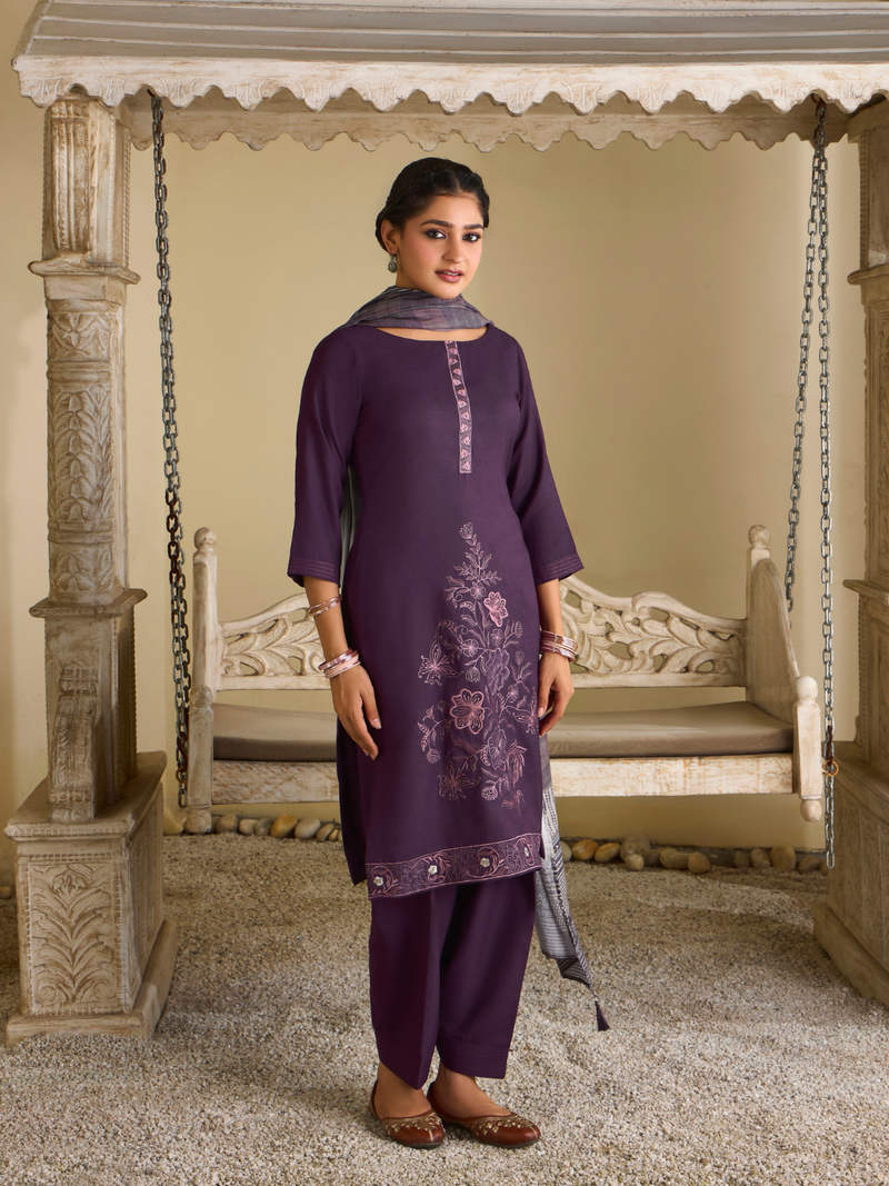 Dark Mauve  Pashmina Embroidered Stitched Suit Set with Shawl