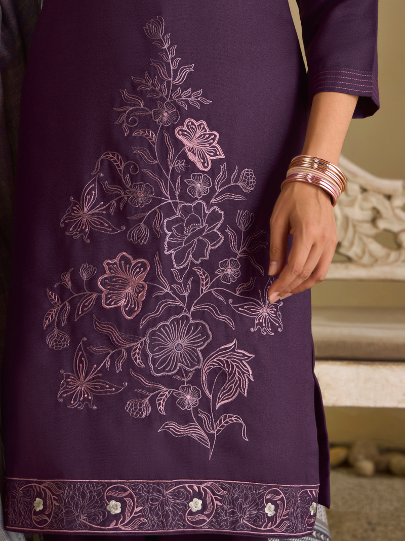 Dark Mauve  Pashmina Embroidered Stitched Suit Set with Shawl