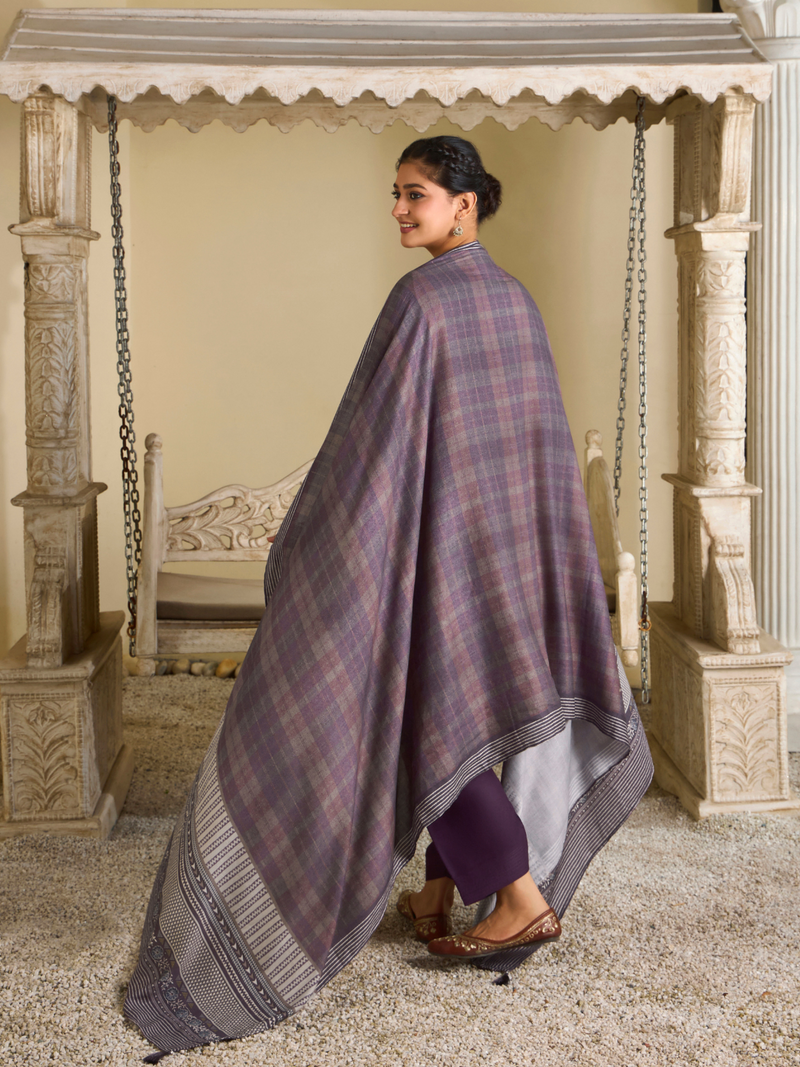 Dark Mauve  Pashmina Embroidered Stitched Suit Set with Shawl