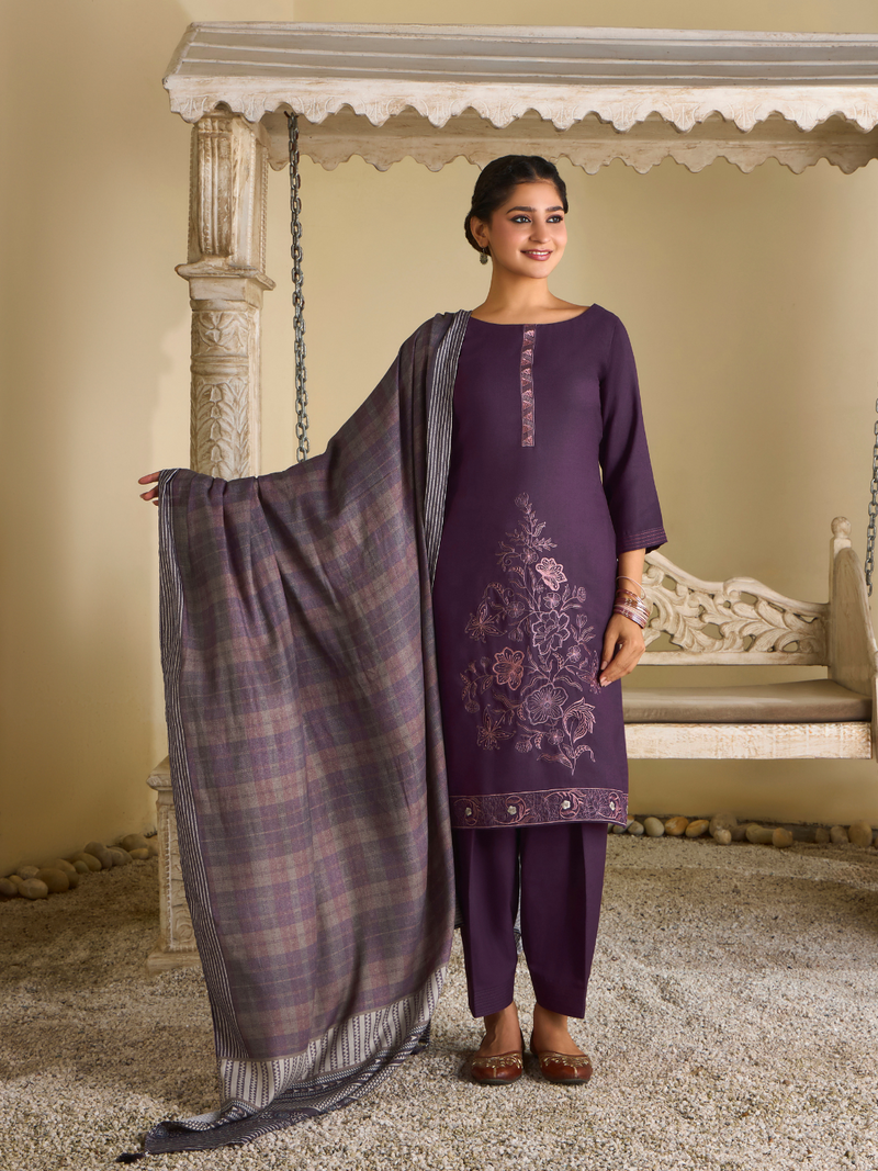 Dark Mauve  Pashmina Embroidered Unstitched Suit Set with Shawl