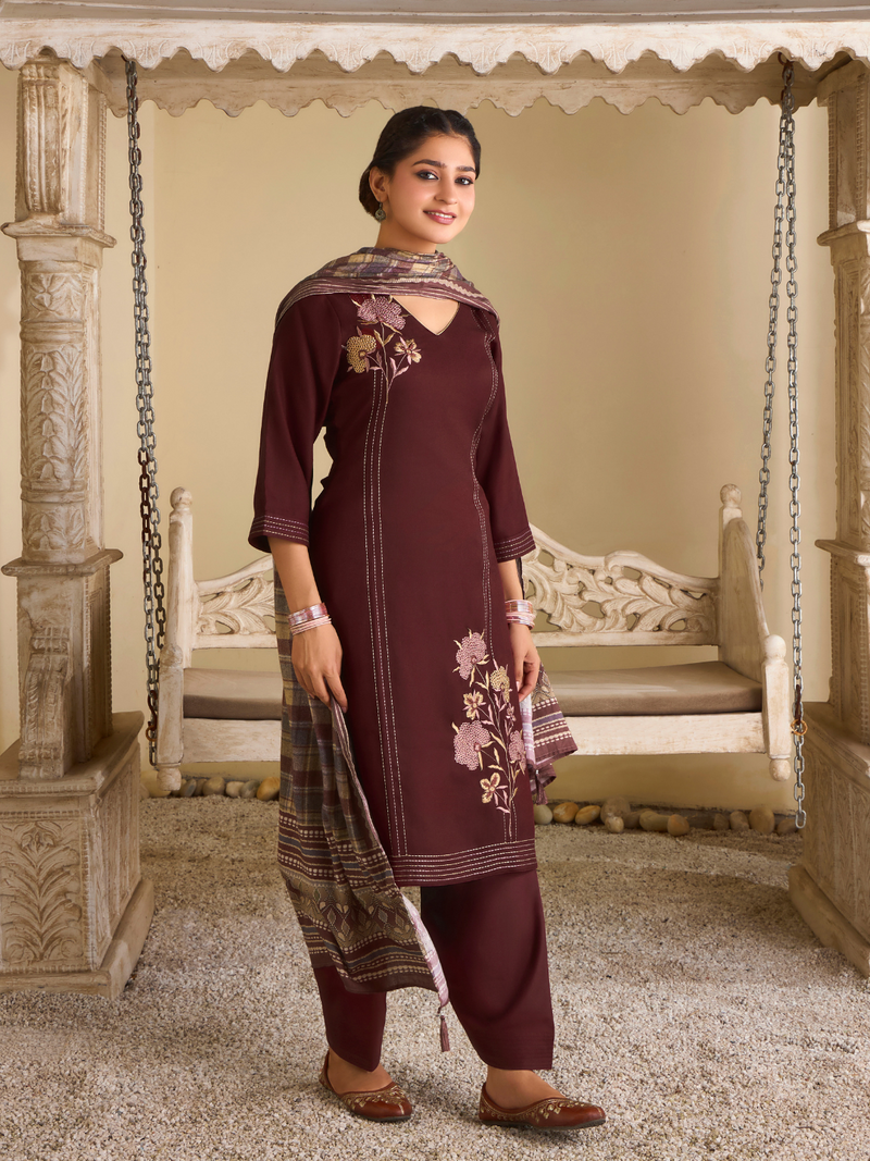 Burnt Maroon Pashmina Embroidered Unstitched Suit Set with Shawl