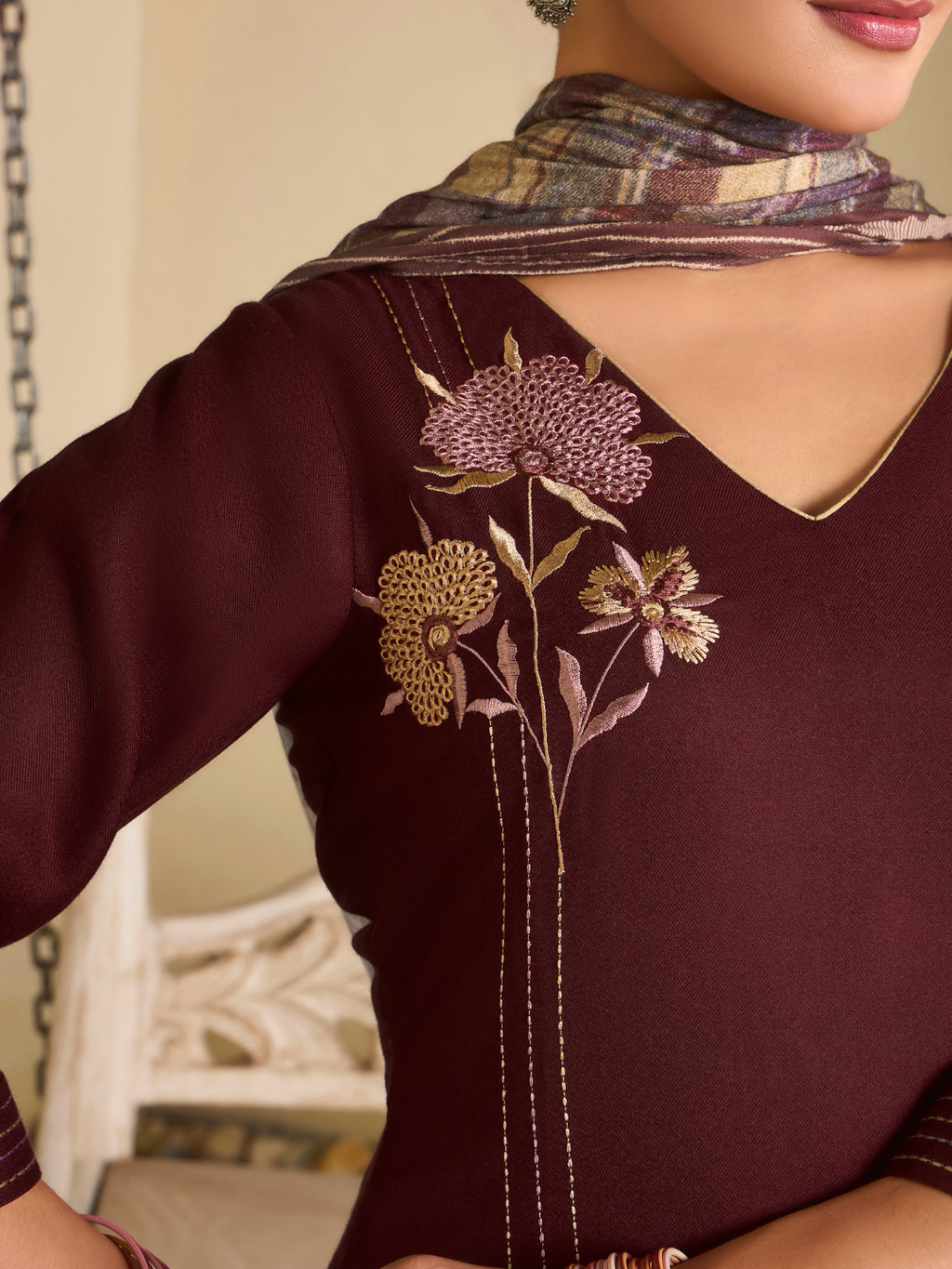 Burnt Maroon Pashmina Embroidered Unstitched Suit Set with Shawl