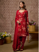 Maharani Red Cottswool Embroidered Unstitched Suit Set with Bottom Work