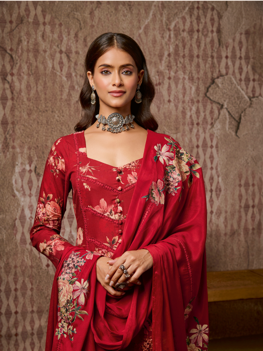 Maharani Red Cottswool Embroidered Unstitched Suit Set with Bottom Work