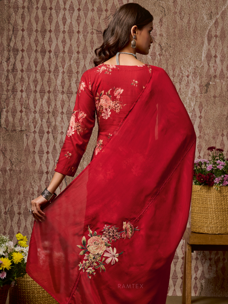 Maharani Red Cottswool Embroidered Unstitched Suit Set with Bottom Work