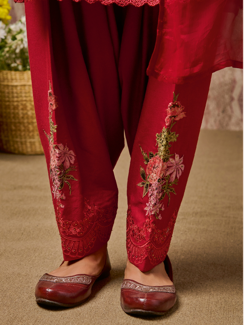 Maharani Red Cottswool Embroidered Unstitched Suit Set with Bottom Work