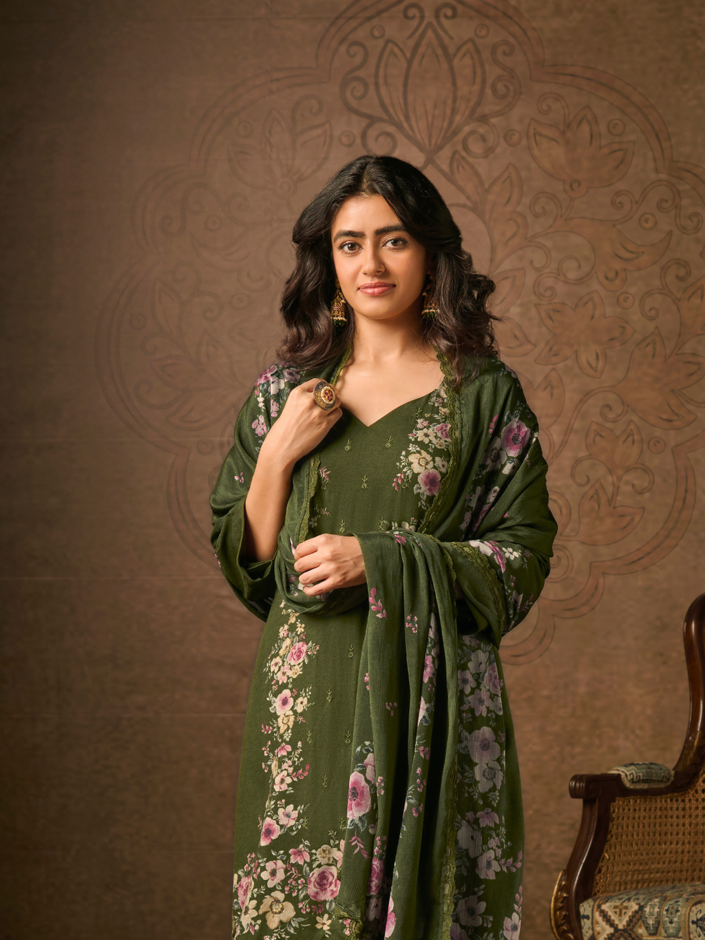 Printed Green Cottswool Embroidered Unstitched Suit Set