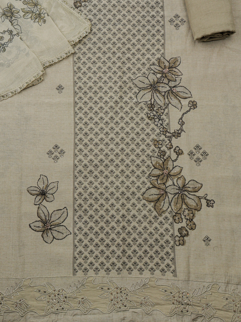 Beige Embroidered Banglori Silk Party Wear Unstitched Suit Set