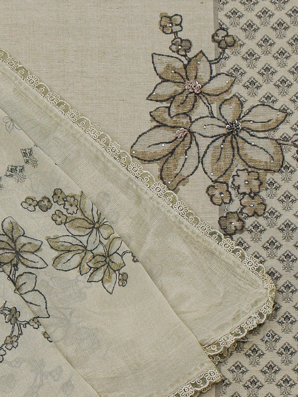 Beige Embroidered Banglori Silk Party Wear Unstitched Suit Set