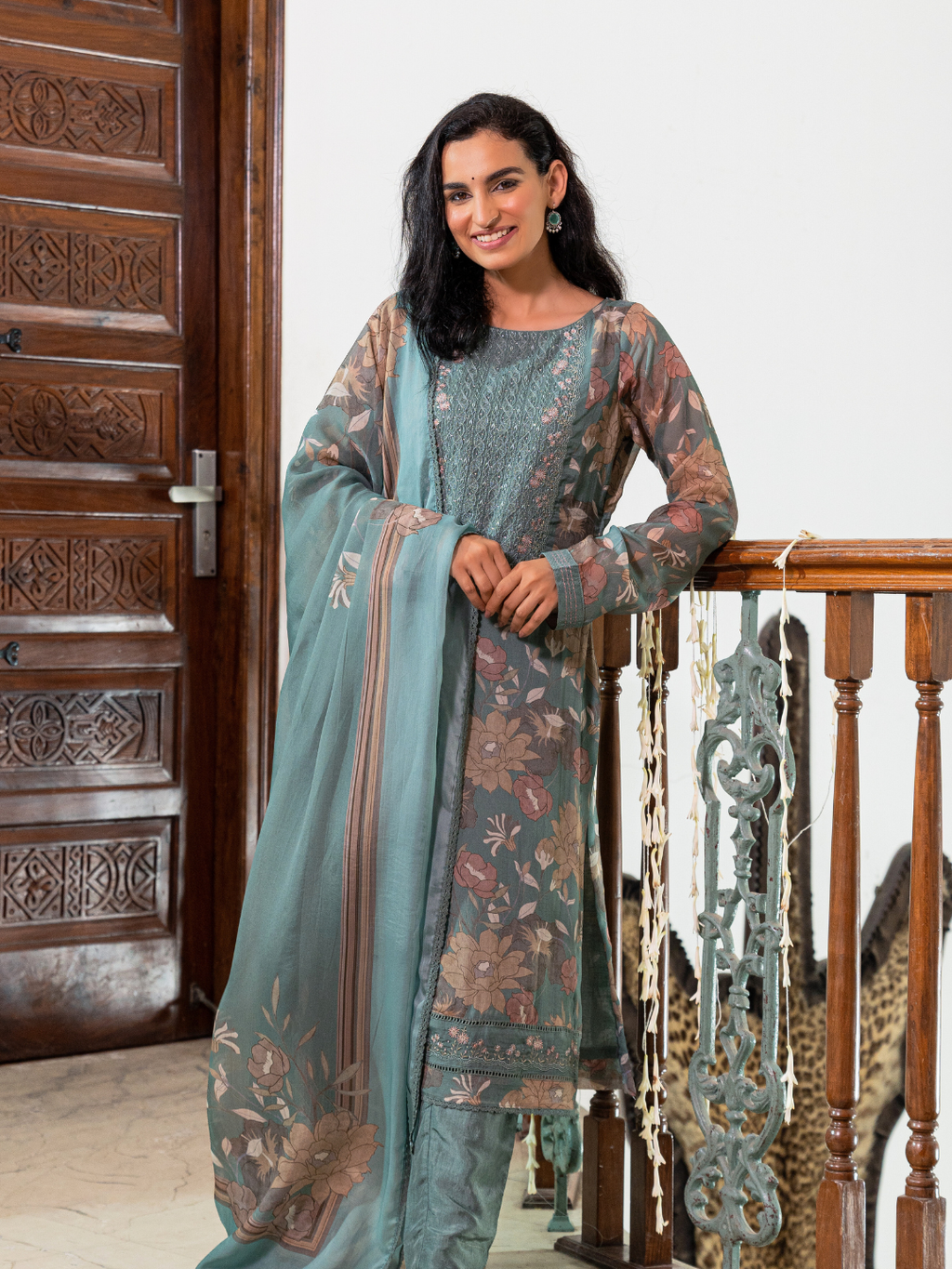 Express Teal Organza Unstitched Suit Set With Heavy Neck & Embroidery