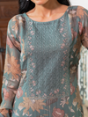 Express Teal Organza Unstitched Suit Set With Heavy Neck & Embroidery