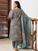 Express Teal Organza Unstitched Suit Set With Heavy Neck & Embroidery