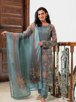 Express Teal Organza Unstitched Suit Set With Heavy Neck & Embroidery
