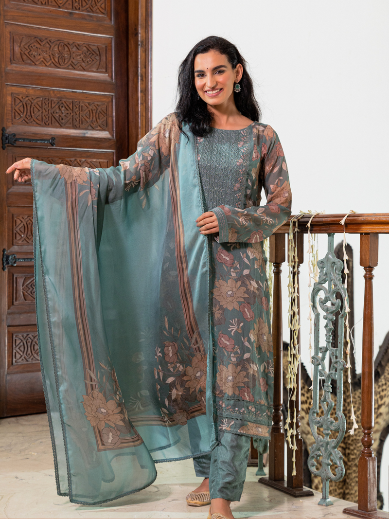 Express Teal Organza Unstitched Suit Set With Heavy Neck & Embroidery