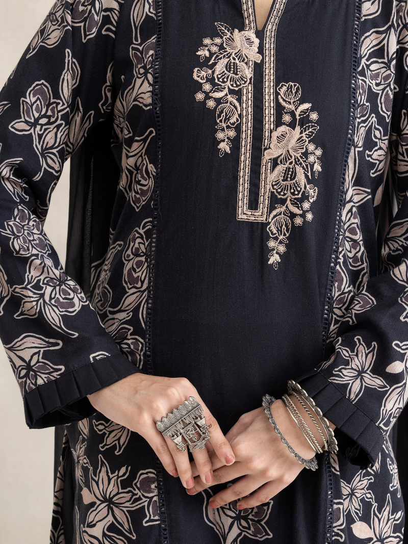 Cottswool Black Printed Embroidered Unstitched Suit Set
