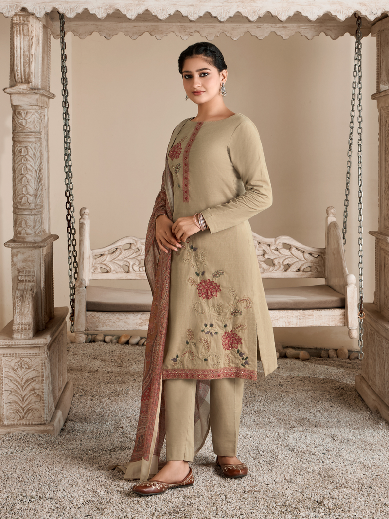 Beige Corduroy Printed Hand-Embroidered Unstitched Suit Set
