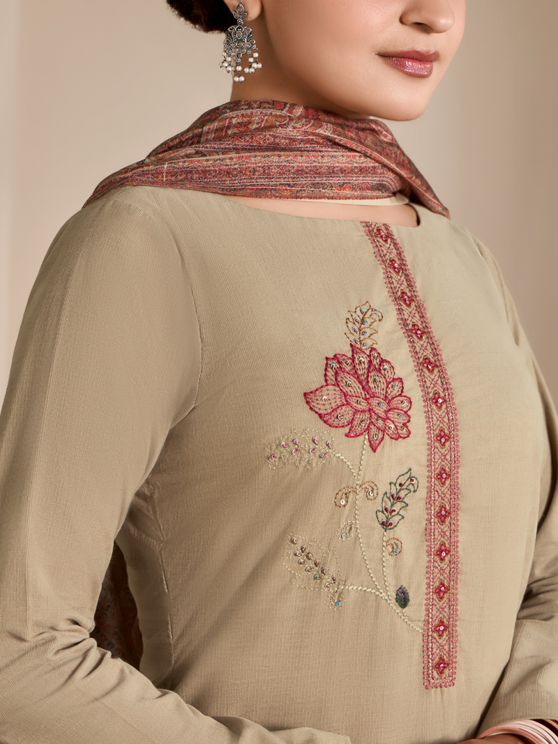 Beige Corduroy Printed Hand-Embroidered Unstitched Suit Set