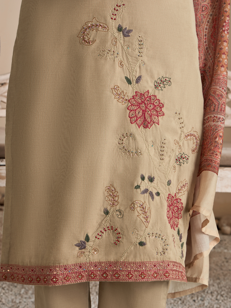 Beige Corduroy Printed Hand-Embroidered Unstitched Suit Set