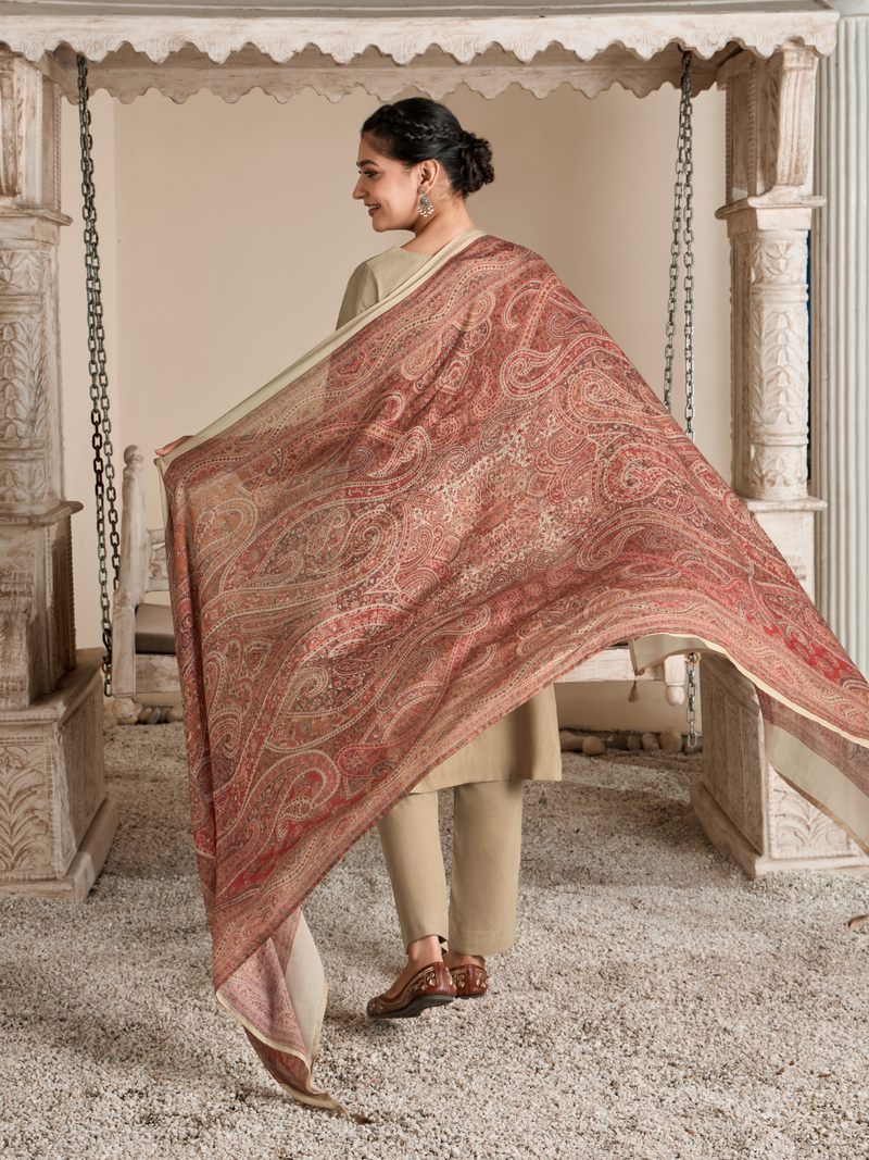 Beige Corduroy Printed Hand-Embroidered Unstitched Suit Set