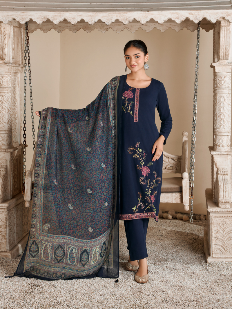 Royal Blue Corduroy Printed Hand-Embroidered Unstitched Suit Set