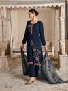 Royal Blue Corduroy Printed Hand-Embroidered Unstitched Suit Set