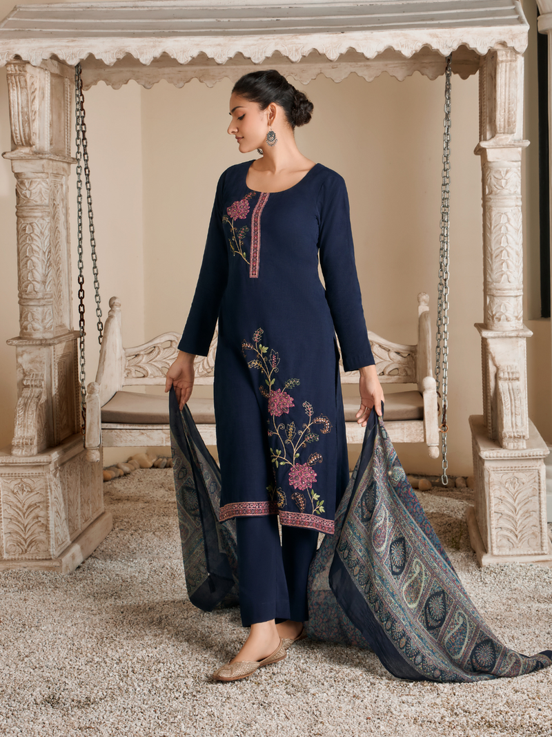 Royal Blue Corduroy Printed Hand-Embroidered Unstitched Suit Set