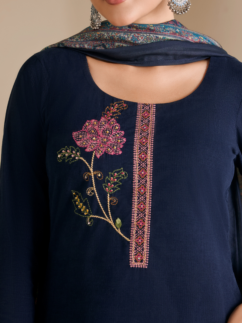 Royal Blue Corduroy Printed Hand-Embroidered Unstitched Suit Set