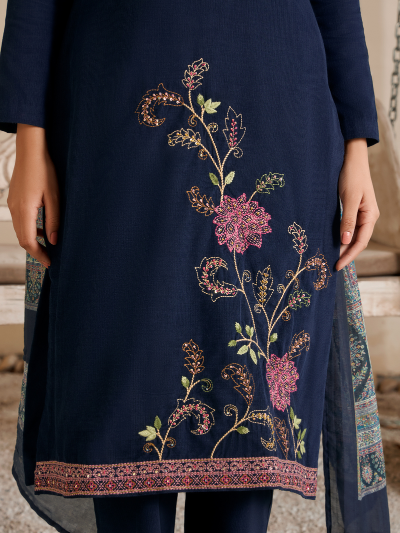 Royal Blue Corduroy Printed Hand-Embroidered Unstitched Suit Set