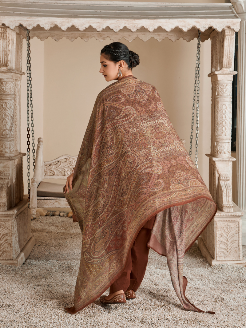 Rust Corduroy Printed Patch & Hand Work Unstitched Suit Set