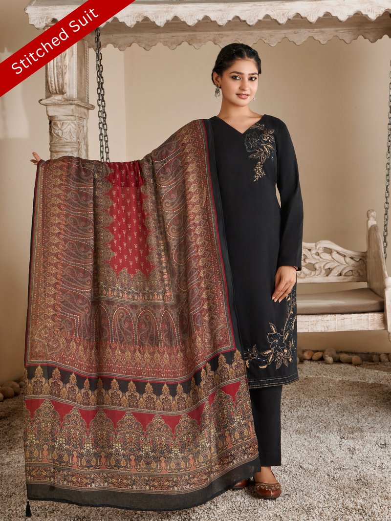 Black Corduroy Printed Hand-Embroidered Stitched Suit Set