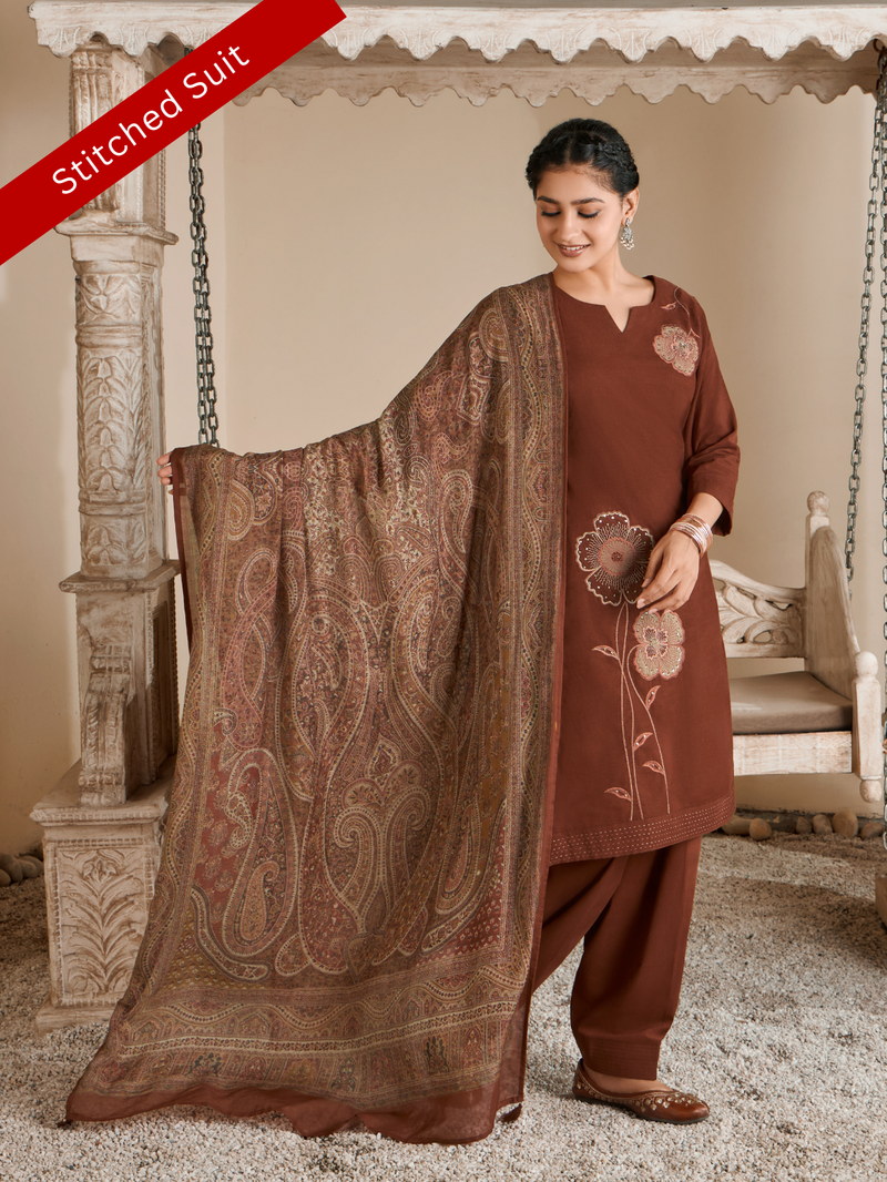 Rust Corduroy Printed Patch & Hand Work Stitched Suit Set