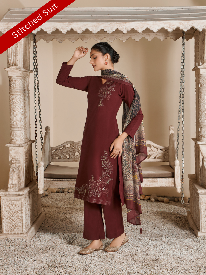 Burnt Maroon Corduroy Printed Hand-Embroidered Stitched Suit Set