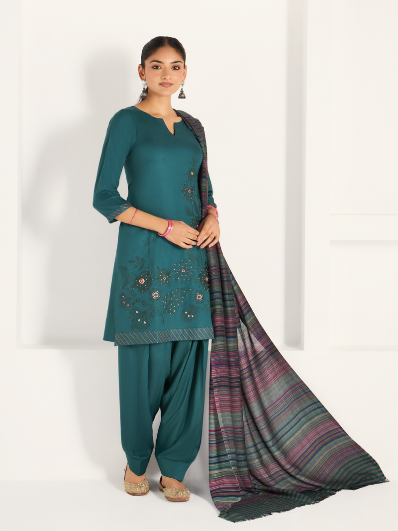 Teal-Green Pure Wool Hand-Embroidered Unstitched Suit Set