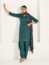Teal-Green Pure Wool Hand-Embroidered Stitched Suit Set