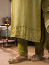 Green Jamawar Silk Unstitched Suit Set with Golden Embroidery