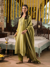 Green Jamawar Silk Unstitched Suit Set with Golden Embroidery