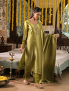 Green Jamawar Silk Unstitched Suit Set with Golden Embroidery