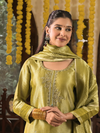 Green Jamawar Silk Unstitched Suit Set with Golden Embroidery