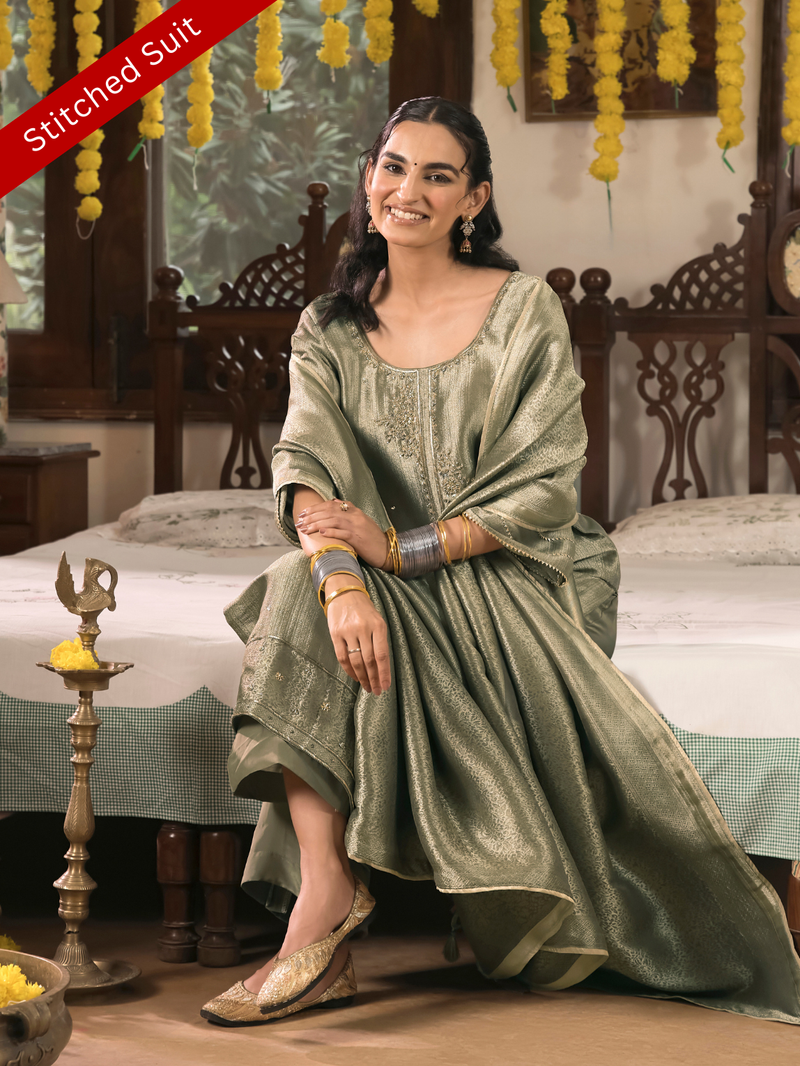 Olive Jamawar Silk Stitched Suit Set with Golden Embroidery