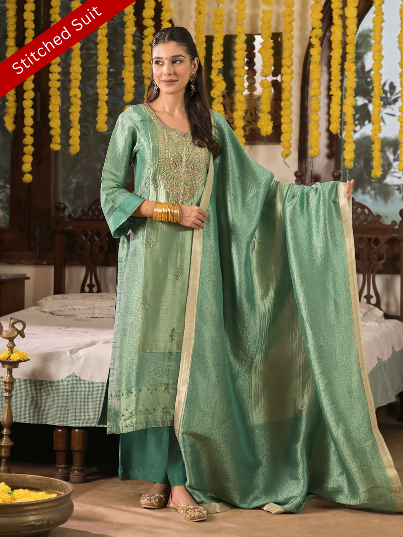 Teal Green Jamawar Silk Stitched Suit Set with Golden Embroidery