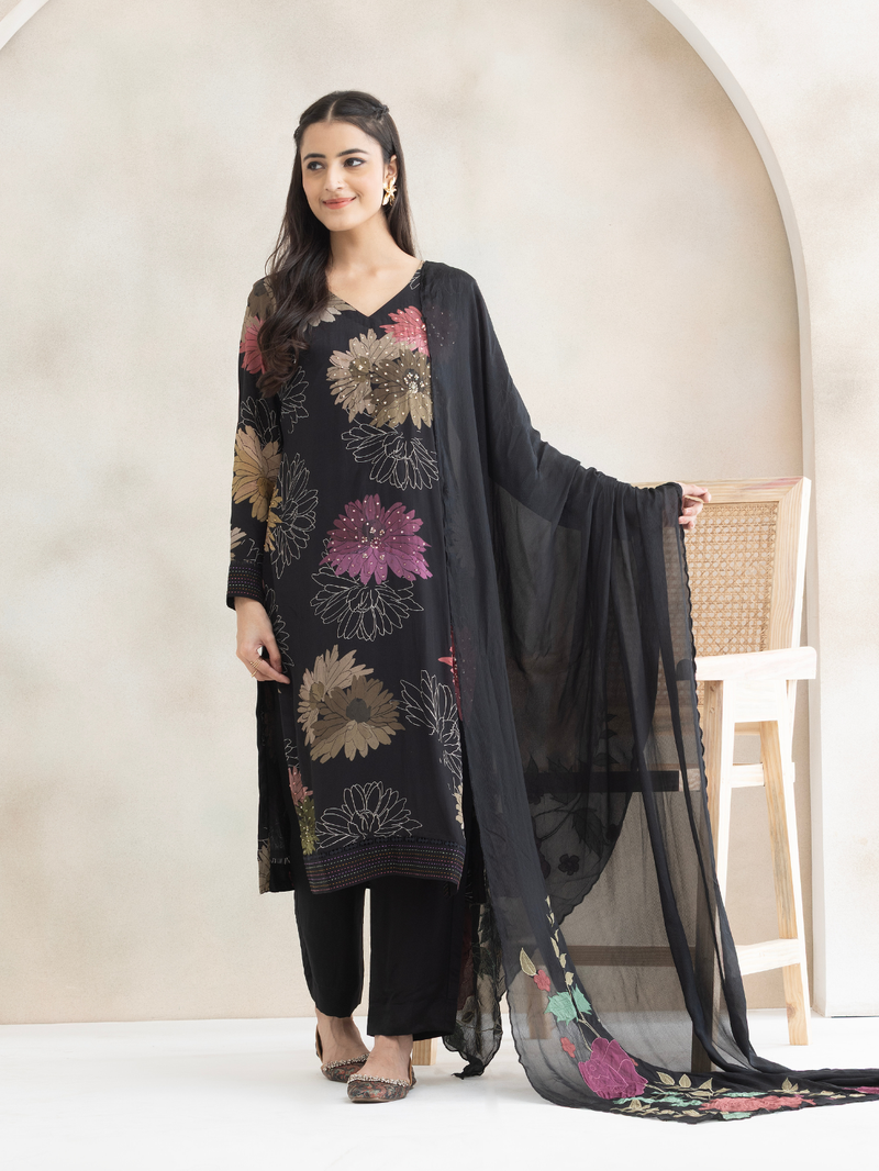Black Crepe Printed & Hand-Embroidered Unstitched Suit Set