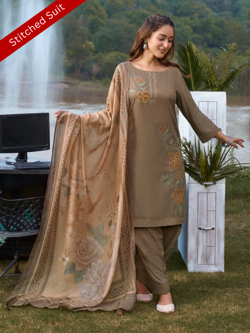 Light Mocha Printed Cottswool Embroidered Stitched Suit Set with Shawl