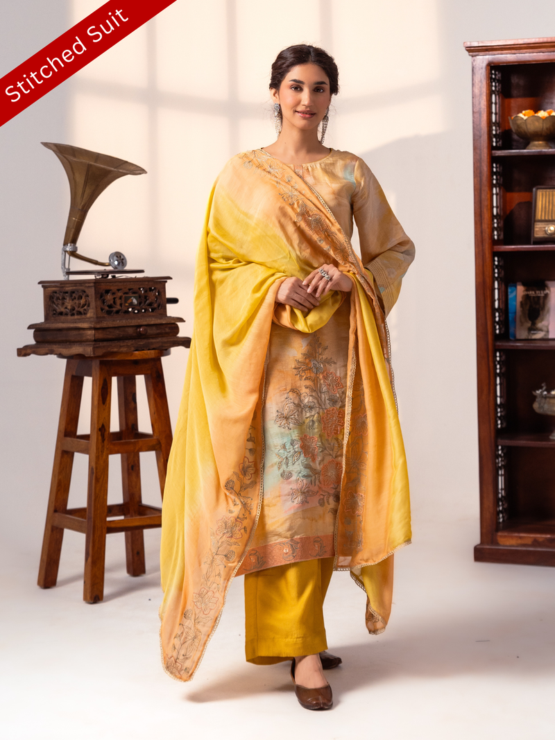 Minnon Yellow Printed Silk Stitched Suit Set with Patch & Embroidered