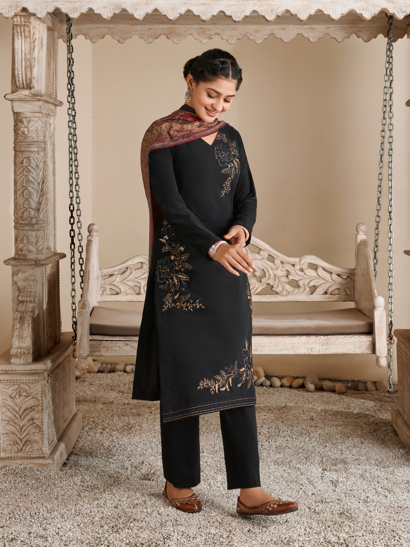 Black Corduroy Printed Hand-Embroidered Unstitched Suit Set